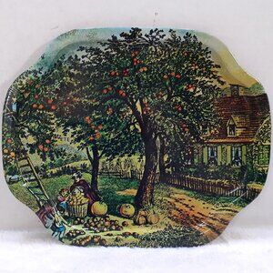 Vintage Action Industries Tin Tray Metal Plate Orchard Scene 1985 Hong Kong